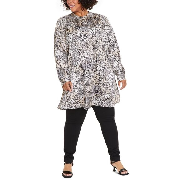 Anne Klein Plus Size 0X Animal-Print Split-Neck Tunic Beige Black MSRP $99 - Picture 1 of 1